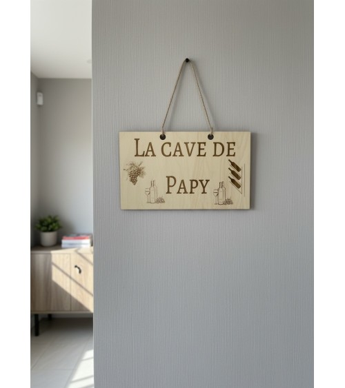 Pancarte murale en bois gravée La cave de papy