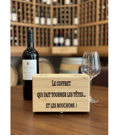Détail gravure laser coffret sommelier citation humour vin