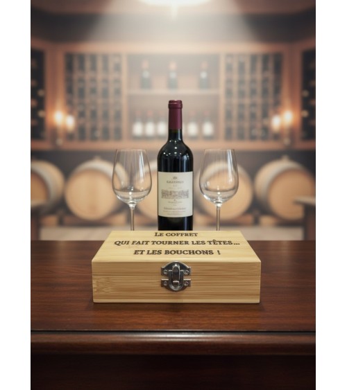 Coffret sommelier bois gravé citation humour vin table