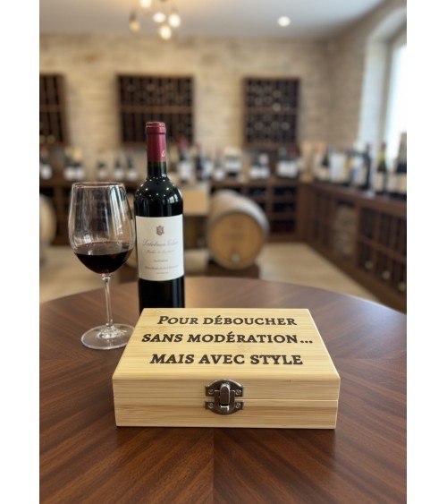 Coffret sommelier bois gravé citation style vin table