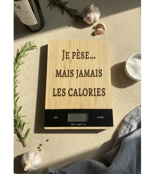 Balance de cuisine bois gravée humour calories cuisine