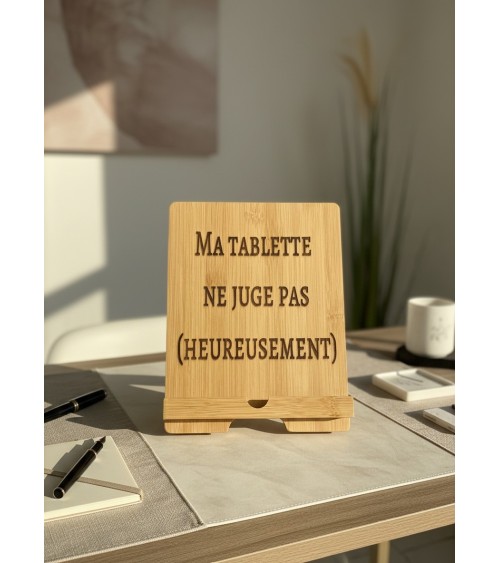 Support tablette bois gravé humour citation