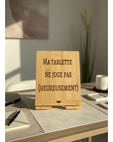 Support tablette bois gravé humour citation
