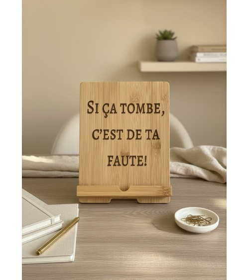 Support tablette bois gravé humour cadeau