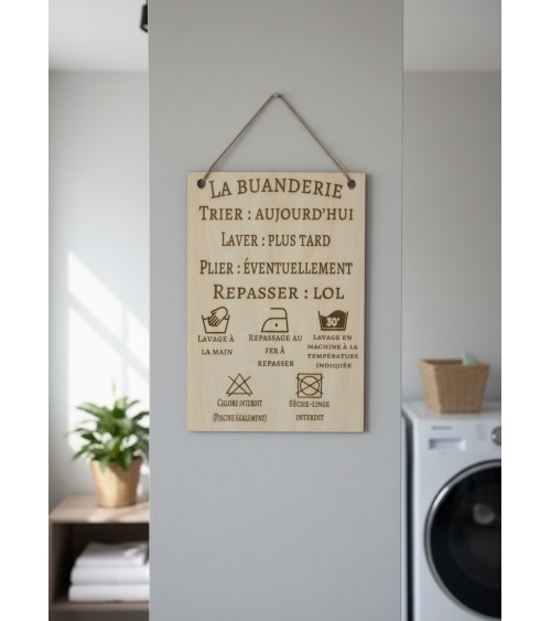 Pancarte A4 bois gravée buanderie humour déco