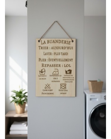 Pancarte A4 bois gravée buanderie humour déco