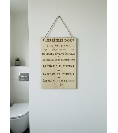 Pancarte A4 bois gravée règles or toilettes déco WC