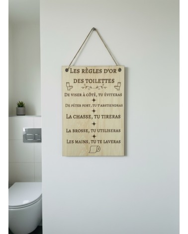 Pancarte A4 bois gravée règles or toilettes déco WC