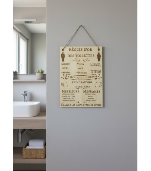 Pancarte A4 bois gravée règles toilettes humour WC