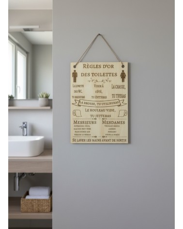 Pancarte A4 bois gravée règles toilettes humour WC